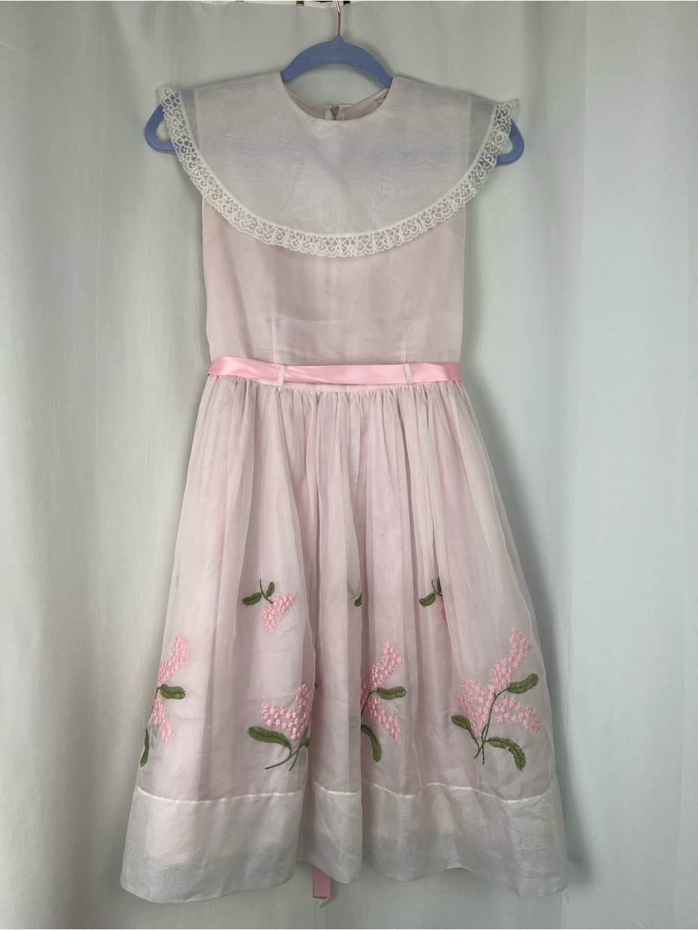 1950s Pink Chiffon Embroidered Floral Dress